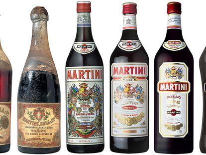 Algunas de las botellas de Martini desde 1863 hasta 2017.