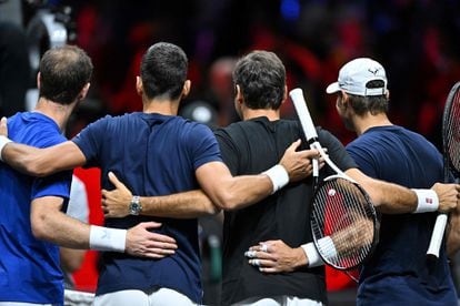 Tennis players, from left, Andy Murray of the United Kingdom, Novak Djokovic of Serbia, Roger Federer of Switzerland and Rafael Nadal of Spain, address the media during a training session in London on Friday.