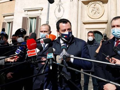 El líder de La Liga Matteo Salvini, ante la prensa tras su encuentro con Mario Draghi