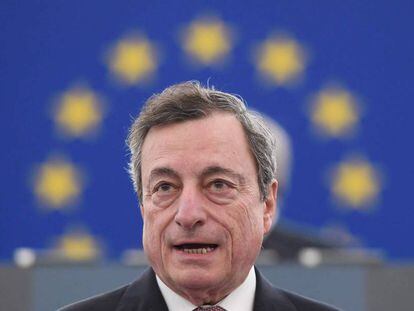 El presidente del BCE, Mario Draghi, el 15 de enero en Estrasburgo, en la celebración del vigésimo aniversario del euro.