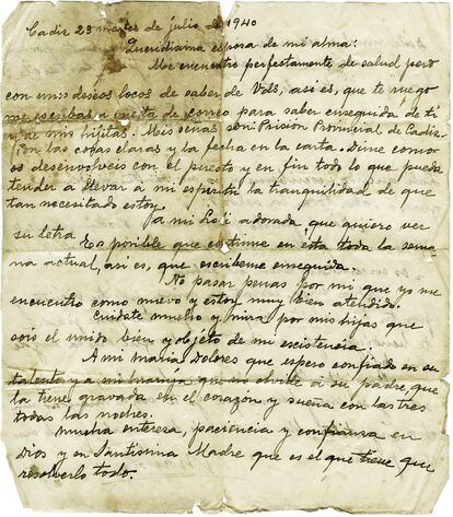 Última carta que Burgos Monsalvez envía a su familia desde el castillo de San Sebastián, antes de partir a Las Palmas. Treinta y siete días después de este escrito, fallece en el presidio de Barranco Seco.