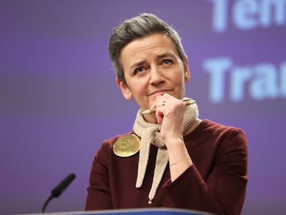 La comisaria Margrethe Vestager en una conferencia de prensa en febrero.