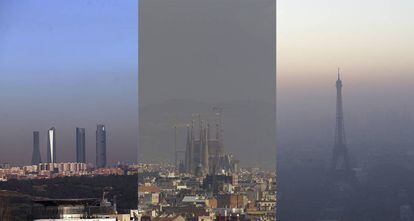 La contaminación sobre Madrid, Barcelona y París.