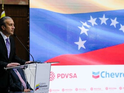 Tareck El Aissami, ministro encargado del Petróleo en Venezuela, durante unca conferencia en el que hubo un acuerdo con Chevron.