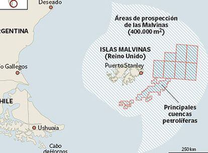 Mapa de las cuencas petróliferas cercanas a las Malvinas