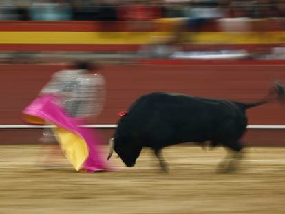 El diestro Juan Ortega, durante la corrida de toros de este pasado domingo en la plaza de toros de Valdemorillo, en Madrid.