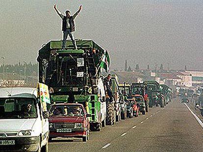 Cientos de vehículos participaron ayer en la movilización que convocó la organización agraria COAG en Andújar para protestar contra la normativa del Ministerio de Agricultura sobre el cultivo de algodón.