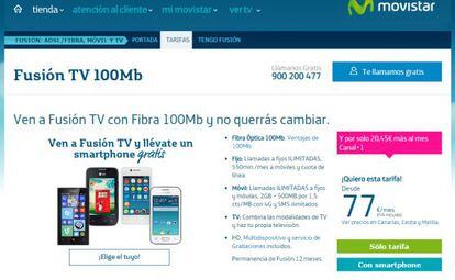 Página web de Movistar para la contratación de Fusión TV 100Mb.