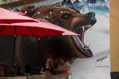 Turistas descansan en la terraza de un bar en Pola de Somiedo delante de un mural en el que se representa al oso. En 2020 pasaron 40.000 personas por el centro de visitantes del parque natural.