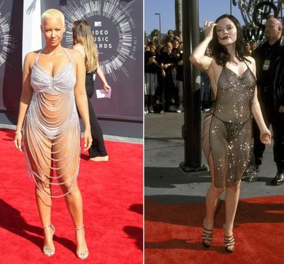 La cantante Amber Rose y la actriz Rose Mcgowan probablemente son dos de las personas que menos pudor han mostrado en una alfombra roja de los MTV. A la izquierda, la cantante en los MTV Video Music Awards de 2014 y, a la derecha, la entonces novia de Marilyn Manson durante los mismos premios de 1998.