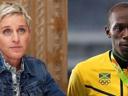 La presentadora Ellen DeGeneres y el atleta Usain Bolt. 