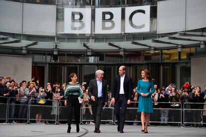 William and Kate, Dukes of Cambridge, with BBC Director General Tony Hall and BBC Children's Director Alice Webb at the BBC London offices in November 2018.