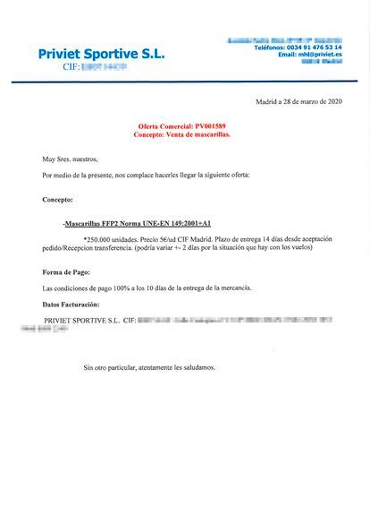 Carta con la oferta de mascarillas que Priviet Sportive SL hizo a la Comunidad de Madrid el 28 de marzo de 2020.