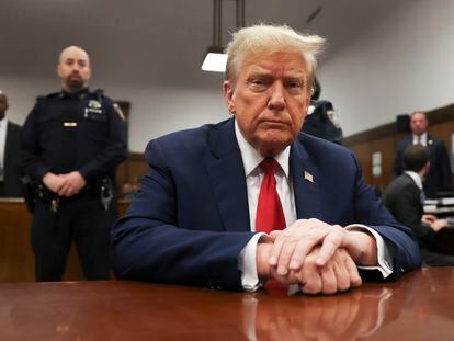Former president Donald Trump waits for the start of proceedings in Manhattan criminal court, Tuesday, April 23, 2024, in New York.