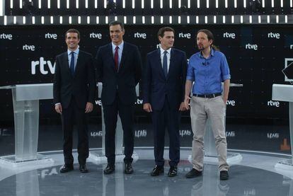 Pablo Casado, Pedro Sánchez, Albert Rivera y Pablo Iglesias, en el debate electoral de TVE. 
 
