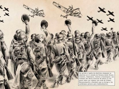 Columna de soldados alemanes marchando en un dibujo de 'La Segunda Guerra Mundial, una historia gráfica'. Ilustración de Eugènia Anglès.