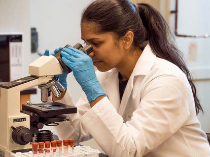 Una joven investigadora examina muestras con un microscopio.