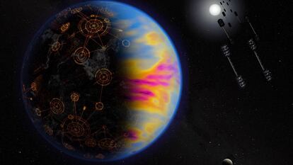 Ilustración artística de un exoplaneta tecnológicamente avanzado, los colores exagerados muestran la contaminación industrial.