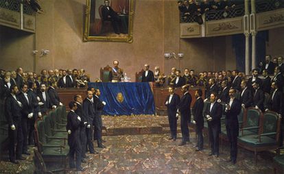 Cuadro que representa al presidente de Argentina, el general Julio Argentino Roca, durante un discurso en el Congreso Nacional del país, entre 1886 y 1887.