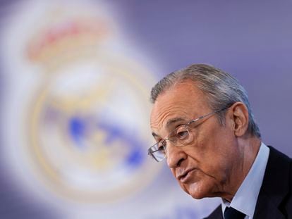 El presidente del Real Madrid, Florentino Pérez interviene en la presentación del XI Corazón Classic Match.