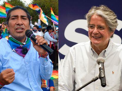 Yaku Pérez y Guillermo Lasso, en dos imágenes distintas de la campaña electoral en Ecuador.