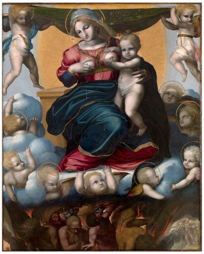 El óleo 'La Virgen y las ánimas del Purgatorio' (1517), de Pedro Machuca, de la exposición 'Otro Renacimiento. Artistas españoles en Nápoles a comienzos del Cinquecento', en el Museo del Prado.