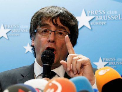 Sacked Catalan leader Carles Puigdemont attends a news conference at the Press Club Brussels Europe in Brussels, 