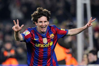 Messi celebra su tercer gol al Valencia.