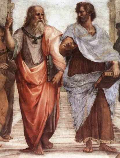Aristoteles (derecha), junto con Plat&oacute;n, en un detalle de &#039;La escuela de Atenas&#039;, de Rafael. 