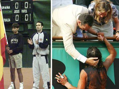 Nadal, con la bandera española junto a Àlex Corretja en la final de la Copa Davis en 2000. A la derecha, felicitado ayer por los duques de Palma.