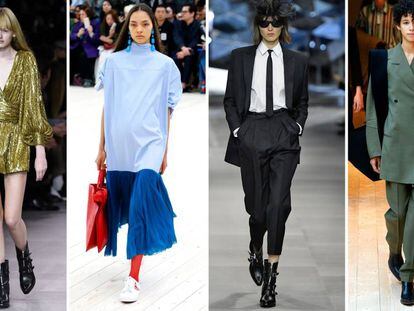 De izquierda a derecha: vestido de Hedi Slimane en Celine en septiembre en 2018 y vestido de Phoebe Philo en Céline en octubre de 2016; traje de Hedi Slimane en Celine en septiembre en 2018 y traje de Phoebe Philo en Céline en marzo de 2017.