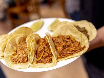 Plato de tacos en el restaurante Taquería Mi Ciudad, en Madrid.