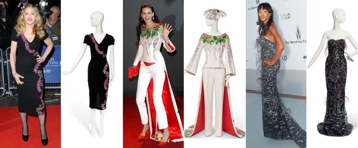 Los tres vestidos de Scott más caros vendidos en la subasta, tras las chaquetas de Jagger: el que llevó Madonna en un estreno en Londres en 2011 (72.700 euros); el traje que la propia L'Wren Scott vistió en unos premios de moda en Londres en 2013 (37.800 euros); y el de Naomi Campbell en la gala Amfar de 2010 (11.600 euros).