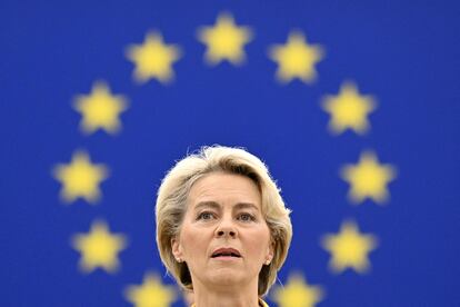 La presidenta de la Comisión Europea, Ursula von der Leyen, durante el discurso del Estado de la Unión, este miércoles en Estrasburgo.