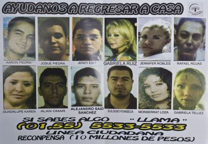 Un cartel con los rostros de los 12 j&oacute;venes desaparecidos en un &#039;afterhours&#039; en el DF. 