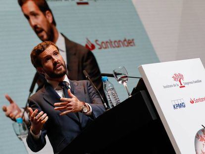 El presidente del PP, Pablo Casado, durante su intervención en el XXII Congreso Nacional de la Empresa Familiar, en Murcia.