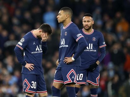 Messi, Mbappé y Neymar durante el partido del Manchester City contra el PSG.