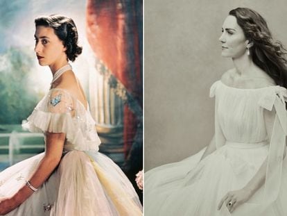 Margarita de Inglaterra, en 1949, y Kate Middleton, en noviembre de 2021, retratadas por Cecil Beaton y Paolo Roversi, respectivamente.