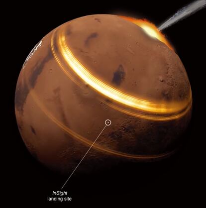 Recreación del impacto del meteorito en Marte con la localización de la sonda 'InSight'.