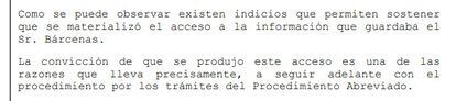 Extracto de un auto de García-Castellón donde expresa su "convicción" de que existía esa documentación sensible sobre el PP y que la trama Kitchen accedió a ella.