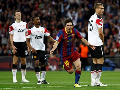 Messi celebra su gol en la final de la Champions de 2011 ante el Manchester United en Wembley.