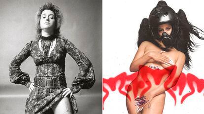 En la izquierda, VALIE EXPORT, en su 'performance' feminista de 1970 'Body Sign Action', con el tatuaje que muestra una hebilla de un liguero en el muslo. A la derecha, portada del disco ‘Motomami’, de Rosalía, con el mismo tatuaje.