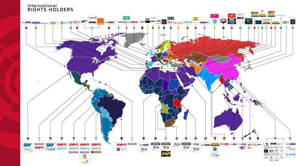 Mapa de todos los operadores que retransmiten los partidos de LaLiga por todo el mundo.