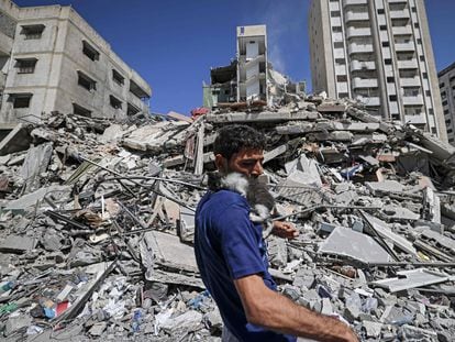 Un palestino, con un gato rescatado entre las ruinas de un edificio bombardeado por Israel, el martes en Gaza.