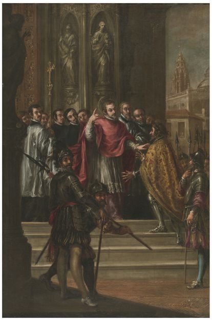 'San Ambrosio niega a Teodosio la entrada al templo'. Juan de Valdés Leal, 1673. Museo del Prado.