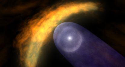 Representación de cómo la burbuja del Sistema Solar choca con los gases interestelares (en naranja) como lo haría un barco contra el agua.