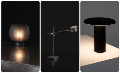 From left to right, the Bloom Table Light by Resident;  Oluce GO lamp designed by Giuseppe Ostuni, and TAKKU table lamp, by Artemide.