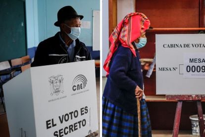 Un par de votantes en Ecuador y en Perú, este domingo durante las elecciones.