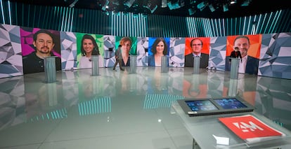 Imágenes de los seis principales candidatos a las elecciones de Madrid en el plató donde ha trascurrido el debate este miércoles.