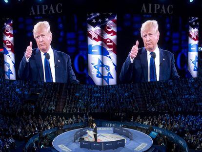 Trump se dirige a la audiencia de la AIPAC.